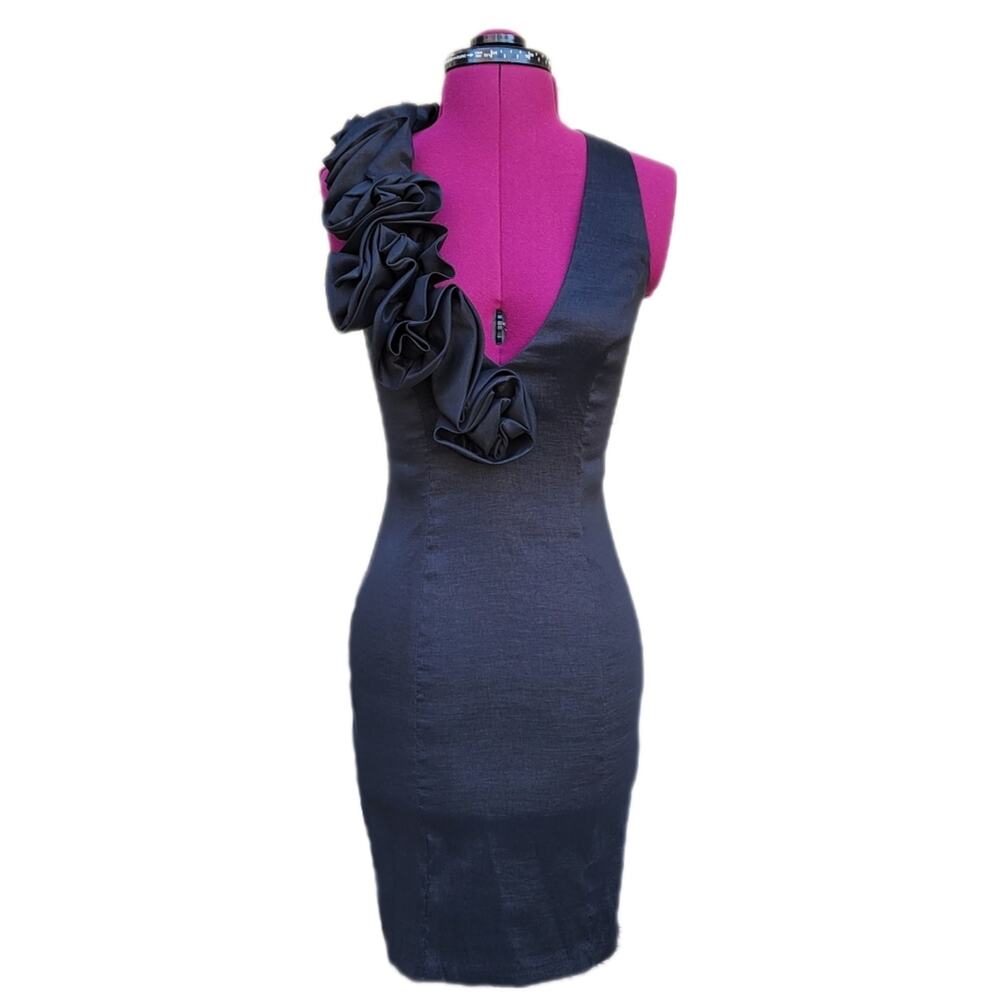 Cache Black Deep V-Neck 3D Floral Bodycon Party Cocktail Dress sz 2